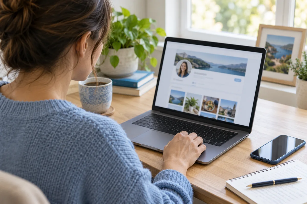 A person reviewing a social media profile on a laptop at home